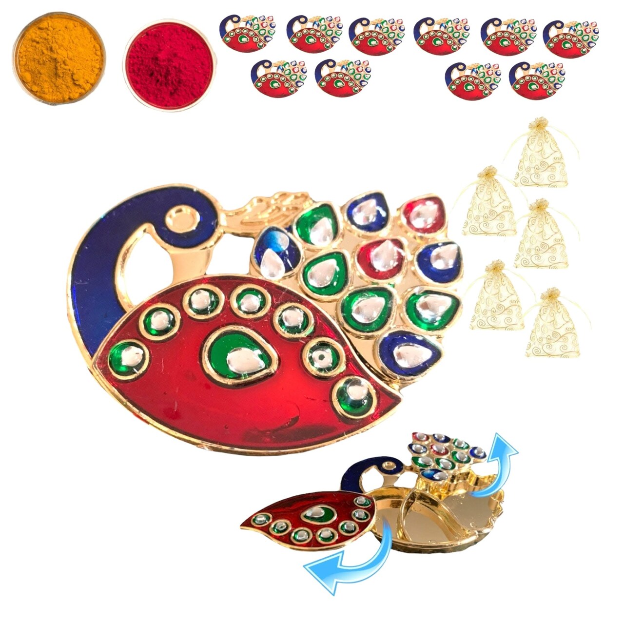 10 Piece Decorative Bulk Peacock Haldi Kumkum Holder Roli Chawal/rice Holder Indian Festival Favor Diwali Rakhi Pooja Mandir Tika Platter Housewarming Gifts